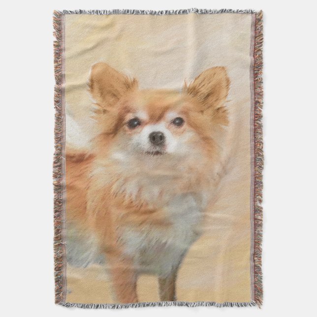 Chihuahua Long-Haired Dog Painting Original Art Throw Blanket (Front Vertical)
