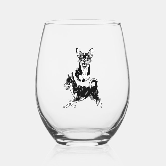 Chihuahua Lover's Delight Dynamic Duo in Black Stemless Wine Glass (Front)