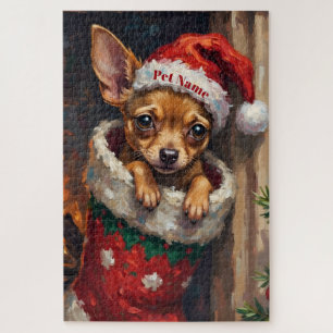Chihuahua Nestled in Christmas Stocking Hat Jigsaw Puzzle