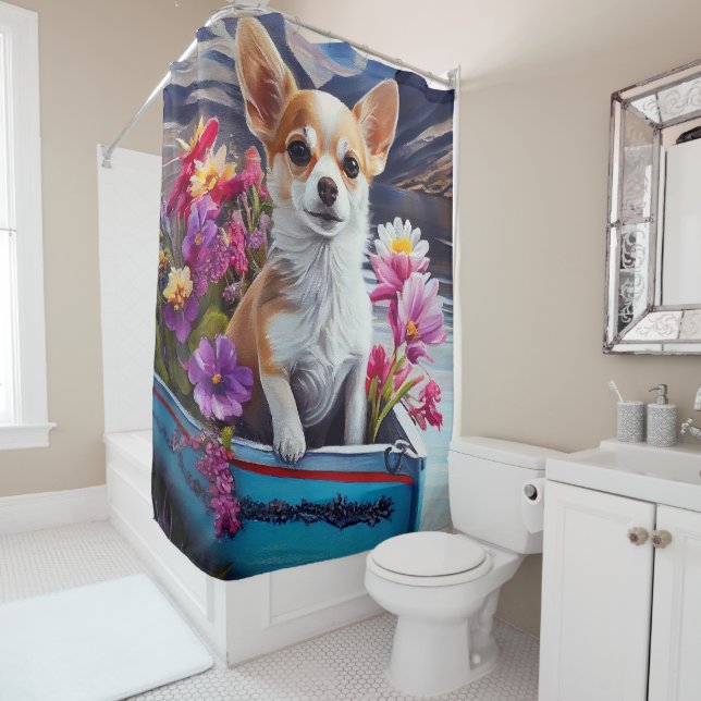 Chihuahua on a Paddle: A Scenic Adventure Shower Curtain (In Situ)