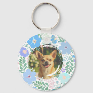 Chihuahua Pastel Blue Flower Wreath Custom Key Ring