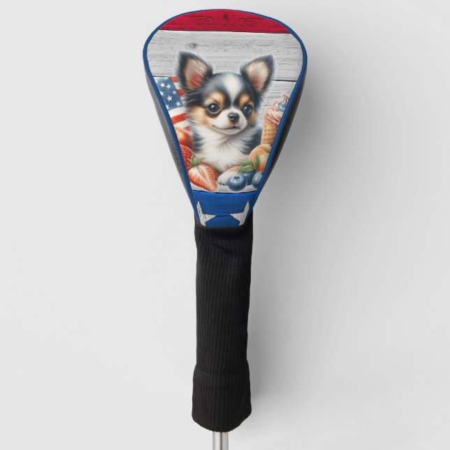 Chihuahua Patriotic Fruit USA Long Hair Chihuahua Golf Head Cover (Front)
