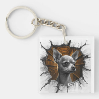 Chihuahua Peers Through A Grey Wooden Wall Key Ring