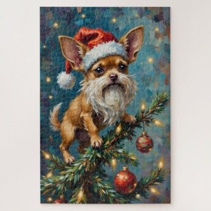 Chihuahua Perched Atop the Christmas Tree Hat Jigsaw Puzzle