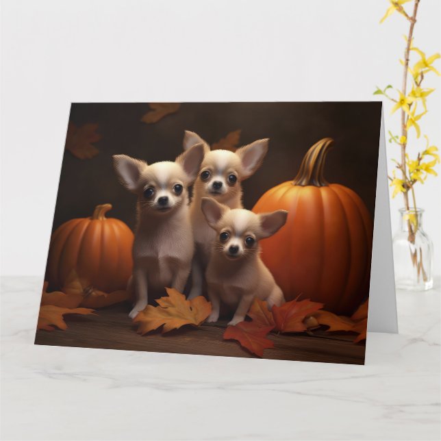 Chihuahua Puppy Autumn Delight Pumpkin  Card (Yellow Flower)