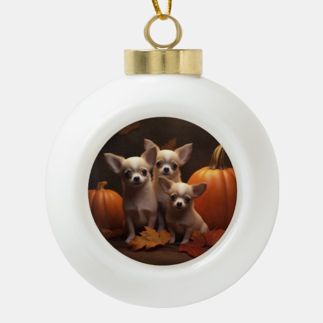 Chihuahua Puppy Autumn Delight Pumpkin  Ceramic Ball Christmas Ornament (Front)