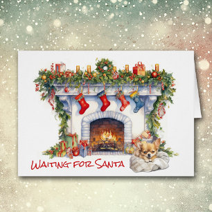 Chihuahua Puppy Christmas Fireplace Wait for Santa