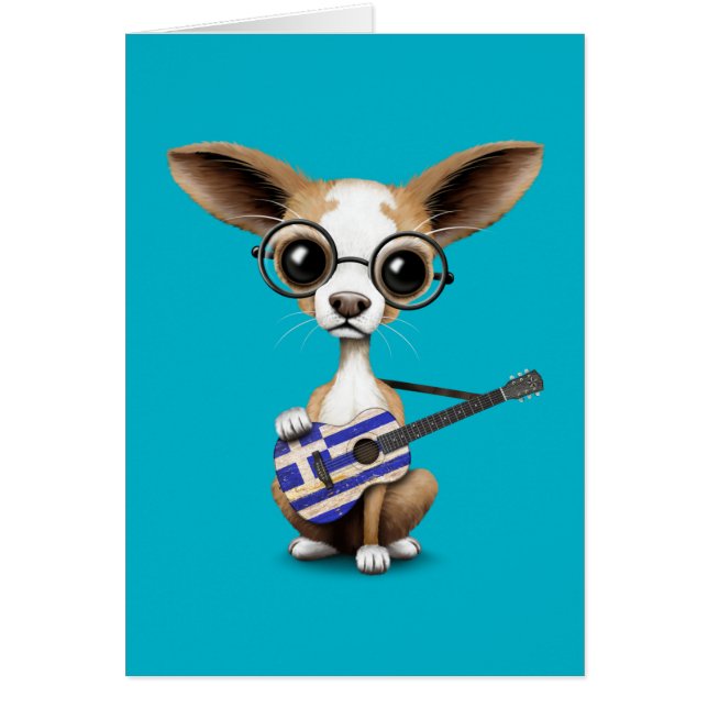 Chihuahua Puppy Dog Playing Greek Flag Guitar (Front)