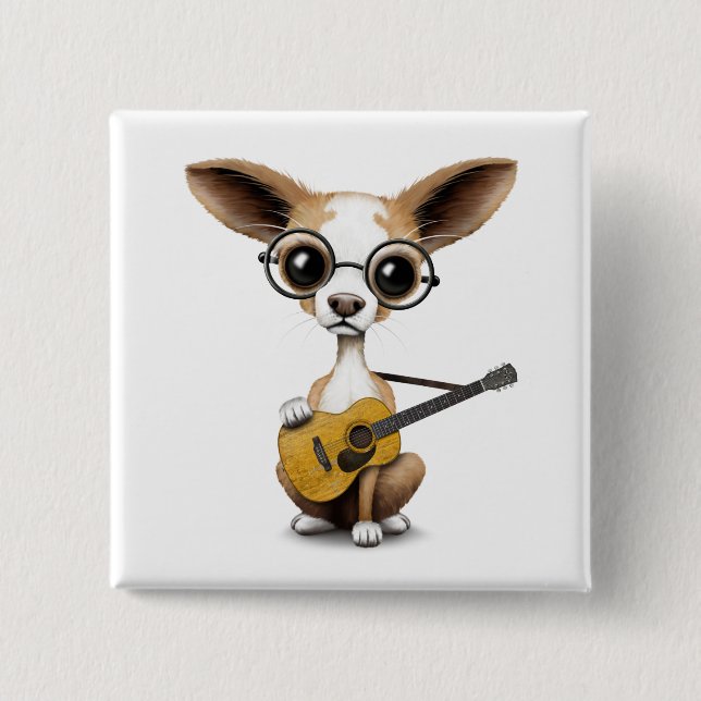 Chihuahua Puppy Dog Playing Old Acoustic Guitar 15 Cm Square Badge (Front)
