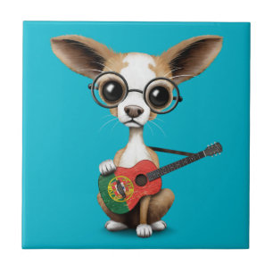 Chihuahua Puppy Dog Playing Portuguese Flag Guitar Tile