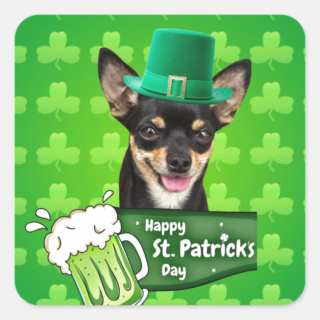 Chihuahua Puppy Dog St. Patrick's Day Green Clover Square Sticker (Front)