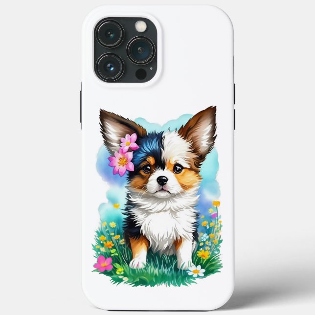  Chihuahua Puppy Dog with Flowers Case-Mate iPhone Case (Back)