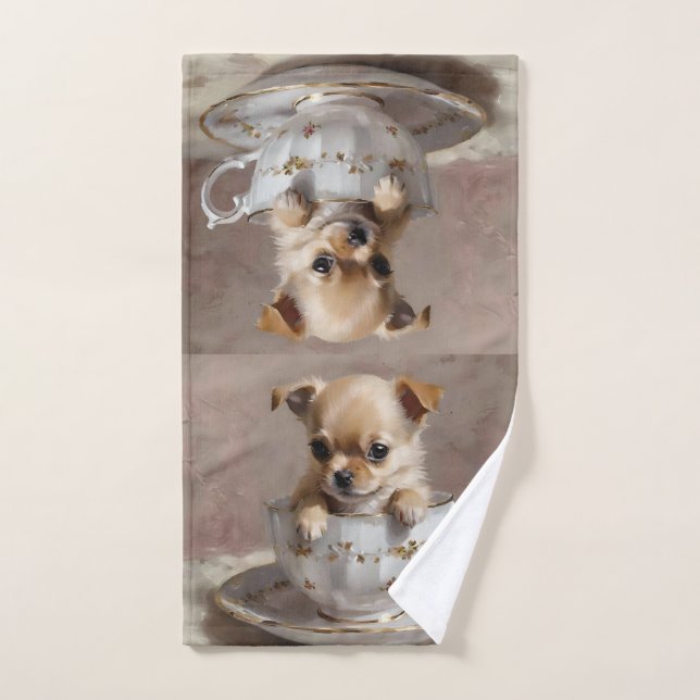 Chihuahua Puppy In A Teacup Oil Paint, Hand Towel (Hand Towel)
