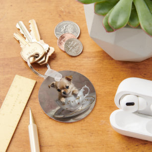 Chihuahua Puppy In A Teacup Oil Paint, Key Ring