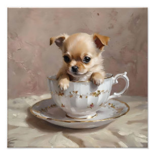 Chihuahua Puppy In A Teacup Oil Paint, Photo Print