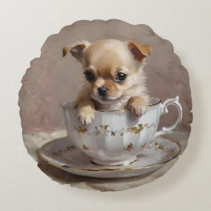 Chihuahua Puppy In A Teacup Oil Paint, Round Cushion