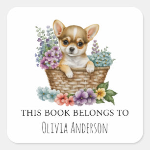 chihuahua Puppy in Floral Basket This Book Belongs Square Sticker