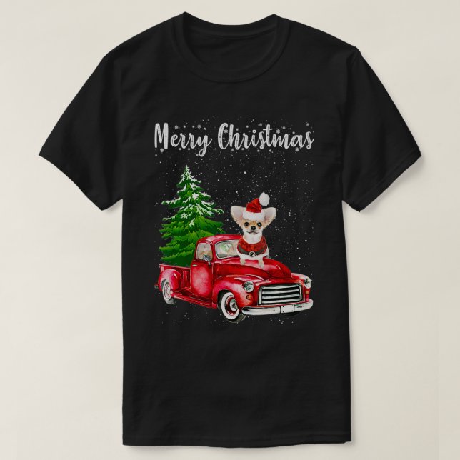 Chihuahua Riding Red Truck Merry Christmas Dog Lov T-Shirt (Design Front)