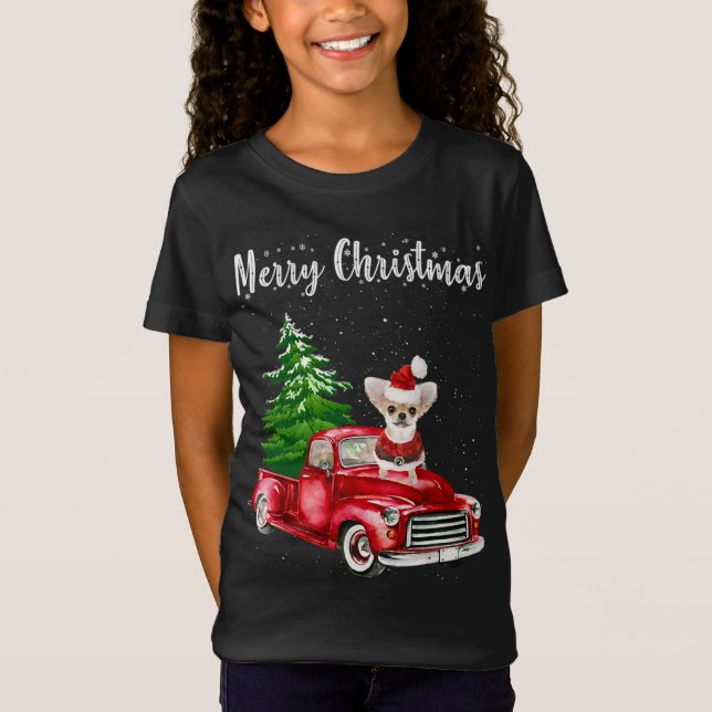 Chihuahua Riding Red Truck Merry Christmas Dog Lov T-Shirt (Front)