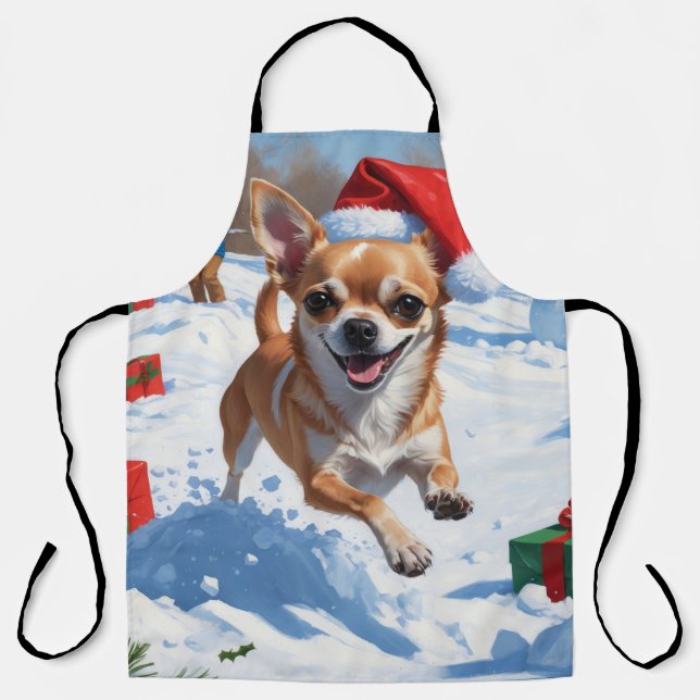 Chihuahua Running in Snow with Christmas Hat Apron (Front)
