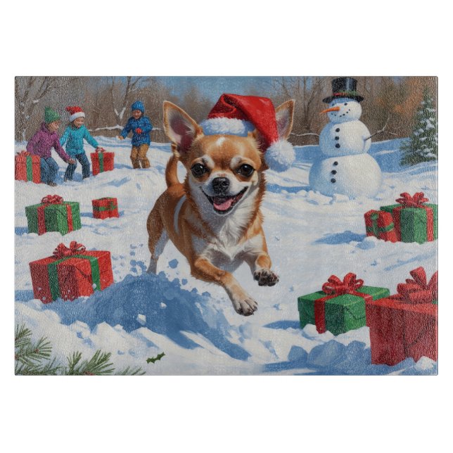 Chihuahua Running in Snow with Christmas Hat Cutting Board (Front)