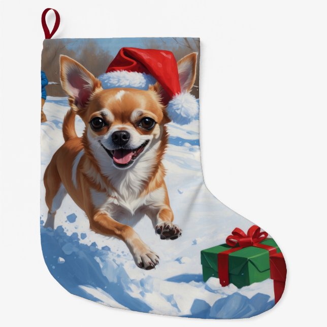 Chihuahua Running in Snow with Christmas Hat Large Christmas Stocking (Front)