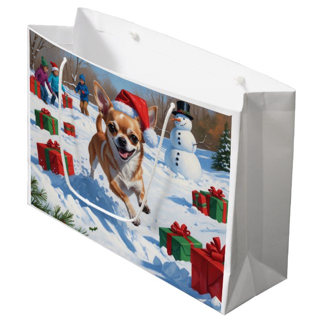 Chihuahua Running in Snow with Christmas Hat Large Gift Bag (Front Angled)