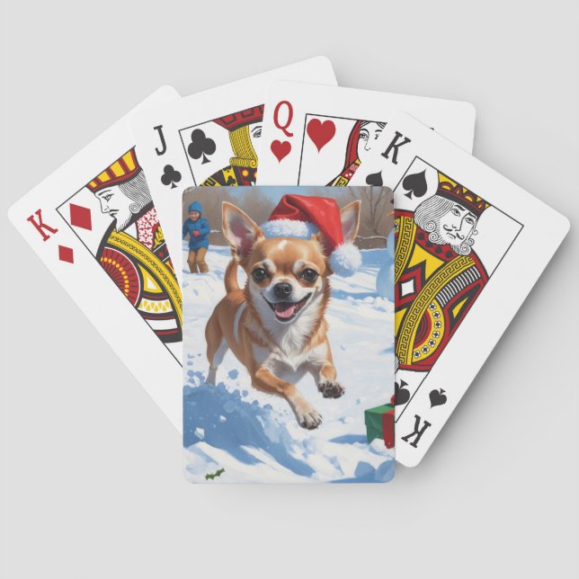 Chihuahua Running in Snow with Christmas Hat Playing Cards (Back)