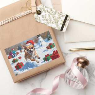 Chihuahua Running in Snow with Christmas Hat Rectangular Sticker
