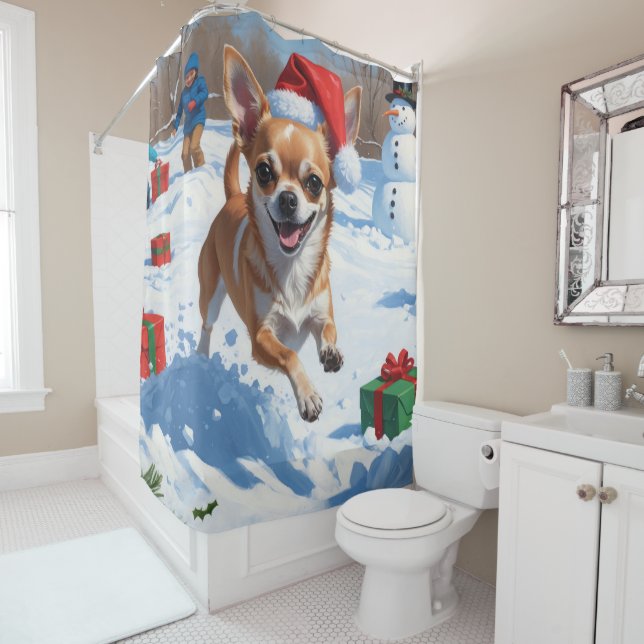 Chihuahua Running in Snow with Christmas Hat Shower Curtain (In Situ)