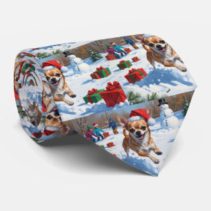 Chihuahua Running in Snow with Christmas Hat Tie