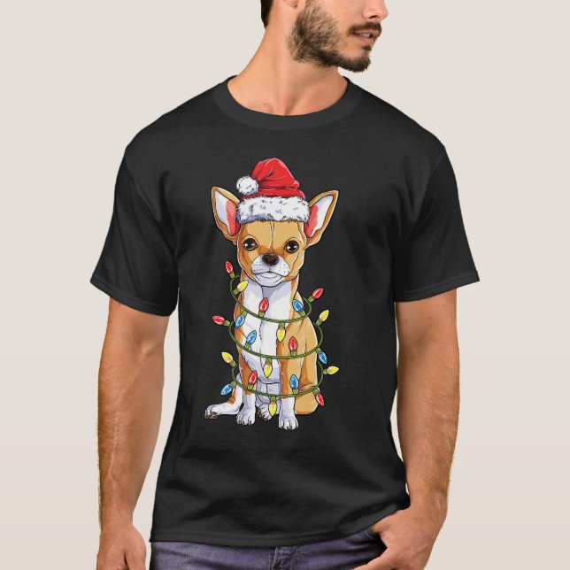 Chihuahua Santa Christmas Tree Lights Xmas Gifts T-Shirt (Front)