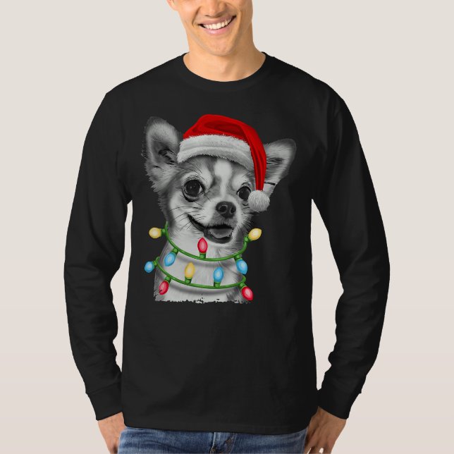 Chihuahua Santa Christmas Tree Lights Xmas T-Shirt (Front)
