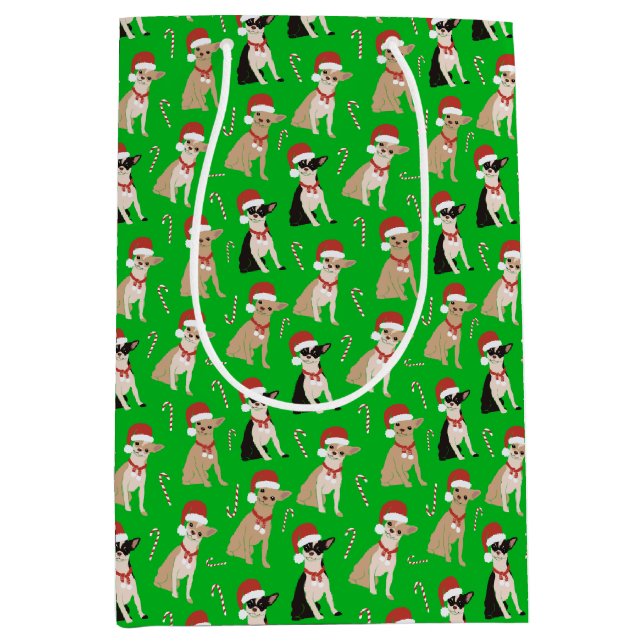Chihuahua Santa Hat Candy Cane Green Christmas  Medium Gift Bag (Front)