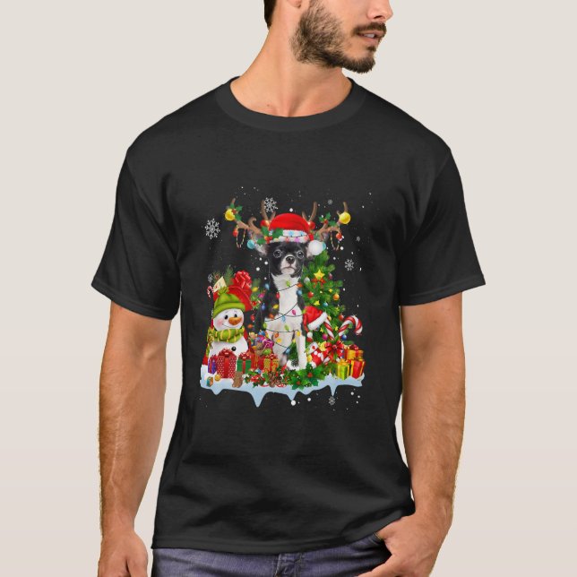 Chihuahua Santa Hat Reindeer Christmas Lights T-Shirt (Front)