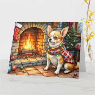 Chihuahua Sitting Fireplace with Christmas Lights Card