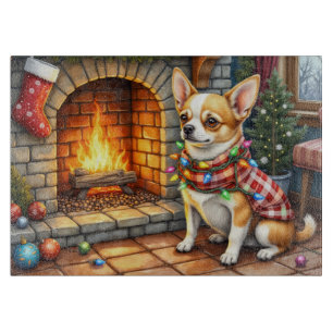 Chihuahua Sitting Fireplace with Christmas Lights Cutting Board