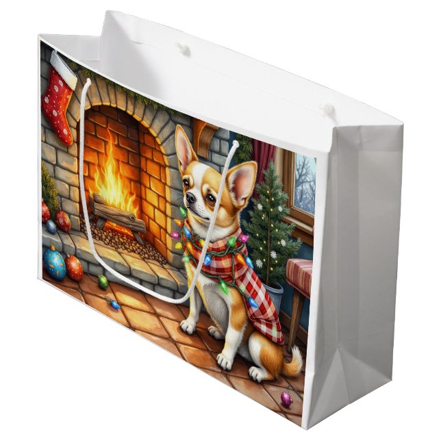 Chihuahua Sitting Fireplace with Christmas Lights Large Gift Bag (Front Angled)