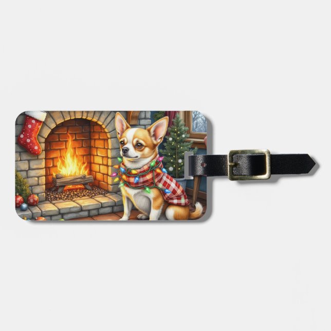Chihuahua Sitting Fireplace with Christmas Lights Luggage Tag (Front Horizontal)