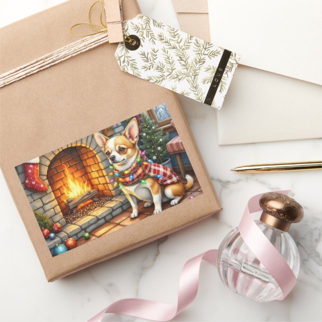 Chihuahua Sitting Fireplace with Christmas Lights Rectangular Sticker (Gifting)
