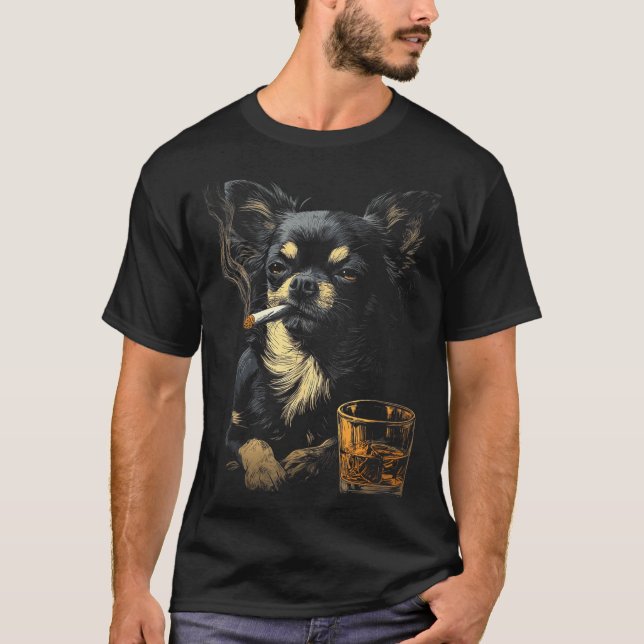 Chihuahua Smoking Cigarette Whisky Lover Funny Dog T-Shirt (Front)