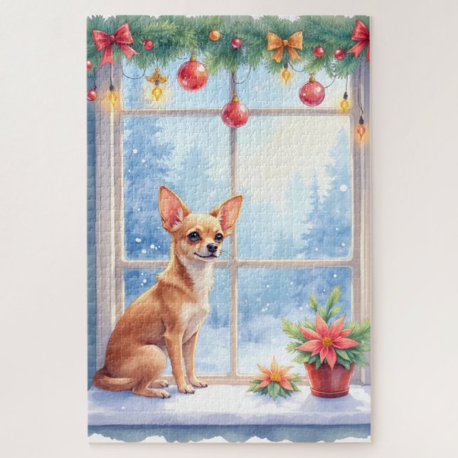 Chihuahua Snowy Windowsill Holiday Christmas Art Jigsaw Puzzle (Vertical)