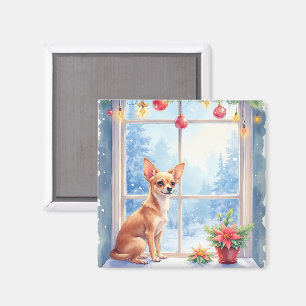 Chihuahua Snowy Windowsill Holiday Christmas Art Magnet