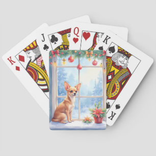 Chihuahua Snowy Windowsill Holiday Christmas Art Playing Cards