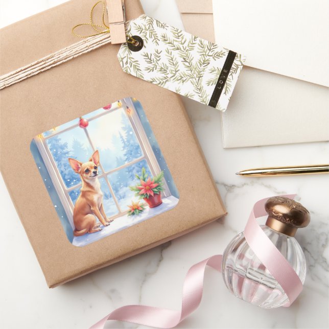 Chihuahua Snowy Windowsill Holiday Christmas Art Square Sticker (Gifting)