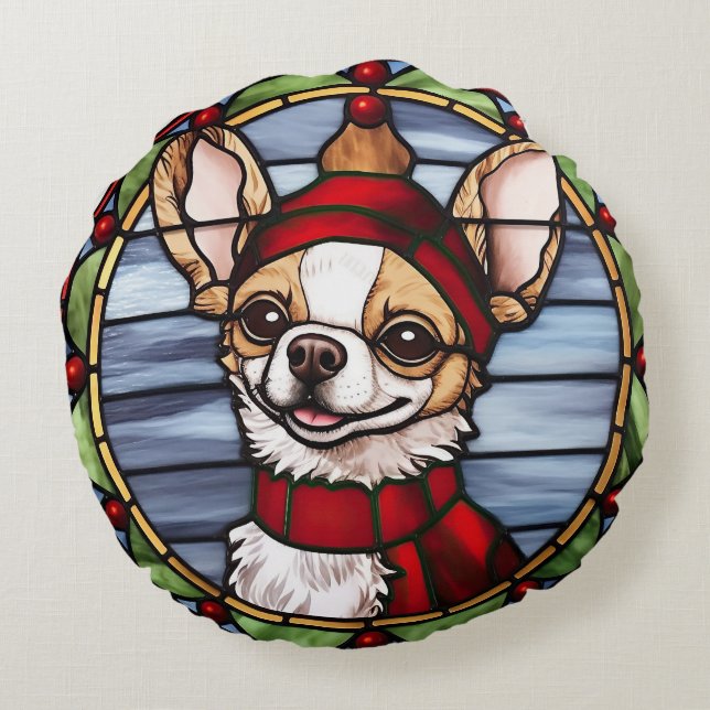 Chihuahua Stained Glass Christmas Round Cushion (Back)