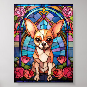 Chihuahua Stained Glass Window Pink Rose Portrait Poster