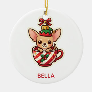 Chihuahua Teacup Christmas Kawaii Elf Hat Ornament