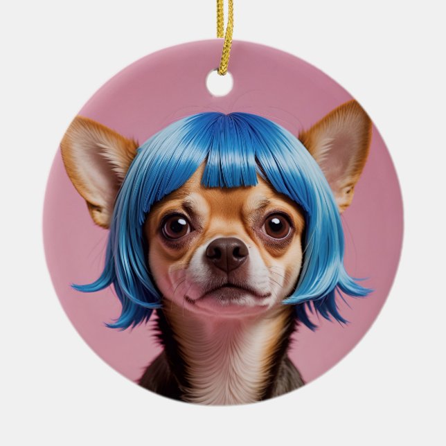 Chihuahua wig ceramic tree decoration (Front)