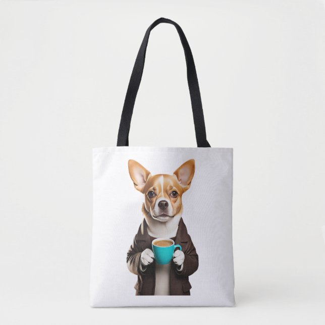 chihuahua with a cup coffee tote bag (Front)